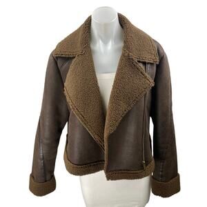 Zara Women's Brown Vegan Leather Faux Shearling Long Sleeve Moto Coat Jacket S